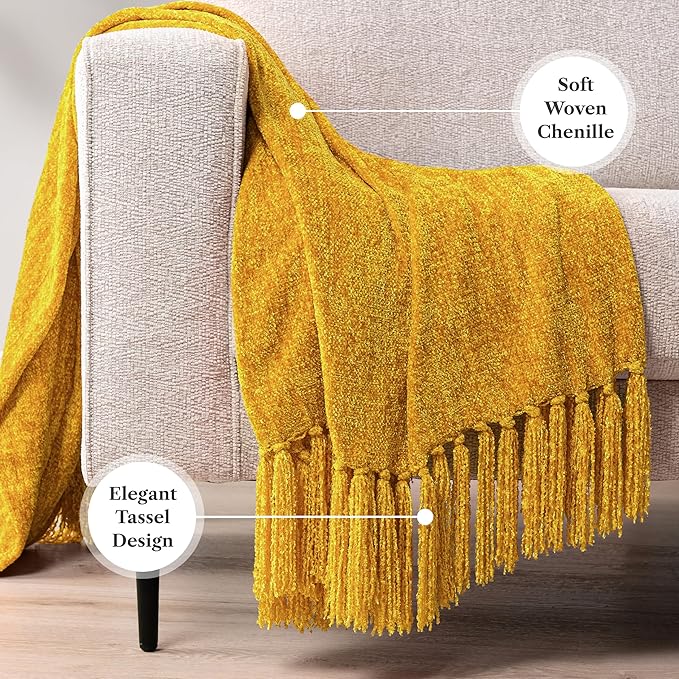 Pavilia Mustard Yellow Chenille Blanket for Twin Size Bed, Soft Gold Knit with Tassel Fringe, Woven Chenille Decorative Blanket for Sofa Couch Living Room Decor Gift, Twin 60x80