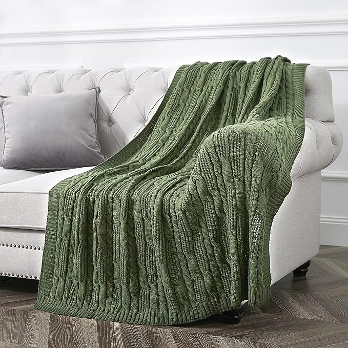 Aormenzy Cable Knit Throw Blankets 60 x 80 Inches, Soft Cozy and Lightweight Knitted Blanket, Machine Washable Acrylic Blanket, Decorative Throw Blanket for Couch Sofa Bed, Forest Green