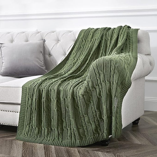 Aormenzy Cable Knit Throw Blankets 60 x 80 Inches, Soft Cozy and Lightweight Knitted Blanket, Machine Washable Acrylic Blanket, Decorative Throw Blanket for Couch Sofa Bed, Forest Green