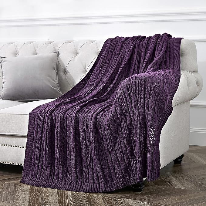 Aormenzy Cable Knit Throw Blankets 50 x 60 Inches, Soft Cozy and Lightweight Knitted Blanket, Machine Washable Acrylic Blanket, Decorative Throw Blanket for Couch Sofa Bed, Dark Purple