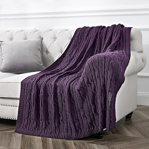 Aormenzy Cable Knit Throw Blankets 60 x 80 Inches, Soft Cozy and Lightweight Knitted Blanket, Machine Washable Acrylic Blanket, Decorative Throw Blanket for Couch Sofa Bed, Dark Purple