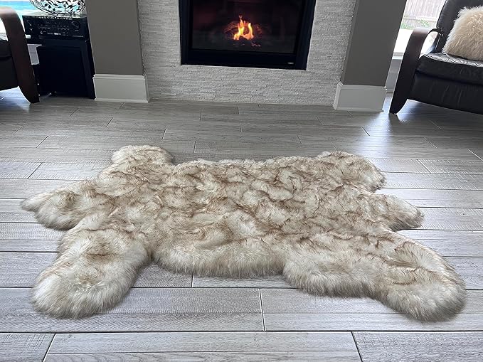 LAMBZY Bear Skin Rug Super Soft Fluffy Faux Fur for Bedroom Floor Sofa Living Room High-Density Plush Shaggy Carpet Sofa Cover Bedside Sheepskin Rug (6'x9', White/Brown)