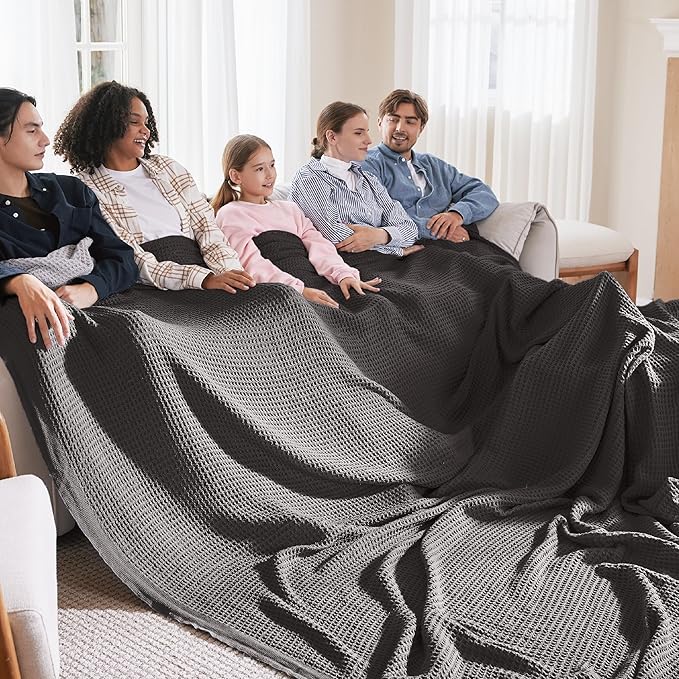 Bedsure Gentlesoft 100% Cotton Big Blanket Oversized King for Bed - Large Breathable Thick Cooling Waffle Weave Blanket for Summer, Couch Cover, Dark Grey, 120x94 inches