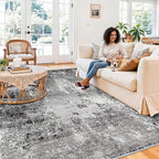10x10 ft Square Living Room Rug – Washable Modern Abstract Area Rug for Bedroom, Dining Room, Playroom – Neutral Non-Slip Low-Pile Thin Indoor Carpet (Black Grey,10x10)