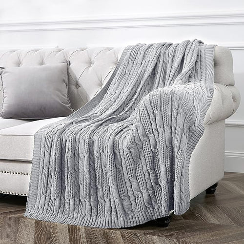 Aormenzy Cable Knit Throw Blankets 60 x 80 Inches, Soft Cozy and Lightweight Knitted Blanket, Machine Washable Acrylic Blanket, Decorative Throw Blanket for Couch Sofa Bed, Silver Grey