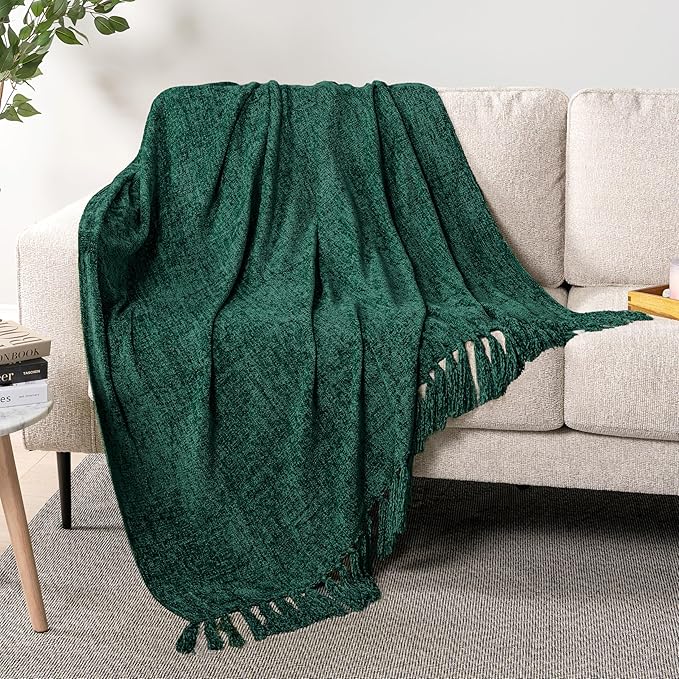 PAVILIA Emerald Green Throw Blanket for Couch, Twin Size Bed, Chenille Soft Knit Woven With Tassel, Decorative Textured for Sofa, Living Room 60x80