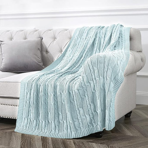 Aormenzy Cable Knit Throw Blankets 50 x 60 Inches, Soft Cozy and Lightweight Knitted Blanket, Machine Washable Acrylic Blanket, Decorative Throw Blanket for Couch Sofa Bed, Aqua Blue
