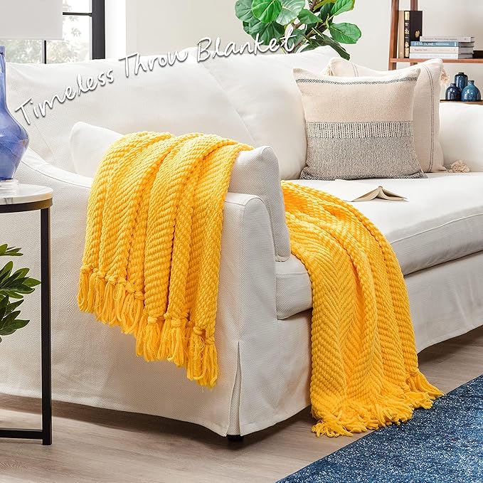 Chanasya Premium Textured Knit Throw Blanket with Tassels - Soft, Cozy Blanket for Couch, Bed, Living Room - 50" x 65” - Bright Yellow