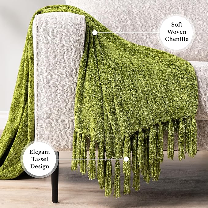 PAVILIA Olive Green Throw Blanket for Couch, Twin Size Bed, Chenille Blanket for Sofa Bed, Soft Knit Woven Blanket with Tassel, Decorative Textured Blanket for Living Room, Olive Green 60x80