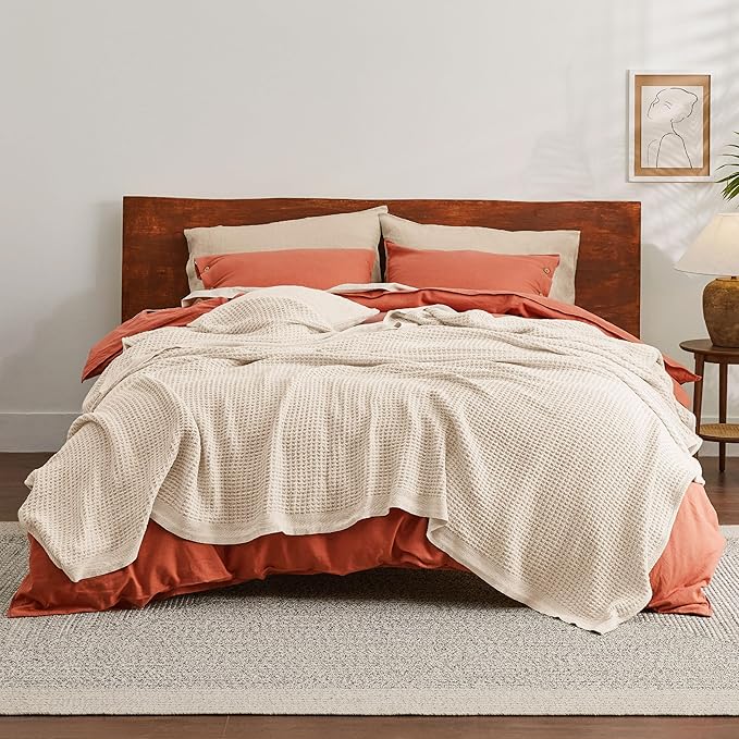 Bedsure Gentlesoft 100% Cotton Blanket King Size for Bed - Breathable and Soft for Spring Summer, Thick Cozy Waffle Weave Blanket Gifts for Women, Yellowish Cream, 104x90 inches