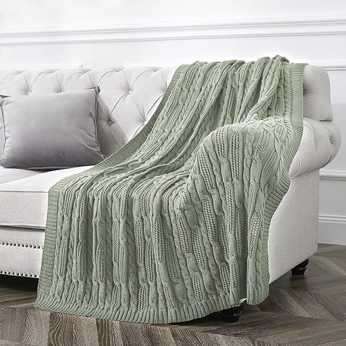 Aormenzy Cable Knit Throw Blankets 60 x 80 Inches, Soft Cozy and Lightweight Knitted Blanket, Machine Washable Acrylic Blanket, Decorative Throw Blanket for Couch Sofa Bed, Sage Green