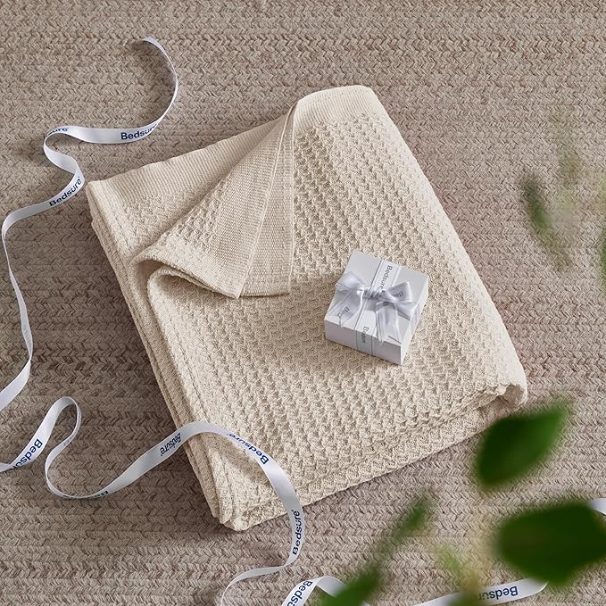 Bedsure Gentlesoft 100% Cotton Throw Blanket for Couch 50x70 inches - Breathable and Soft for Spring Summer, Waffle Weave Throw Blanket for Office, Light Beige