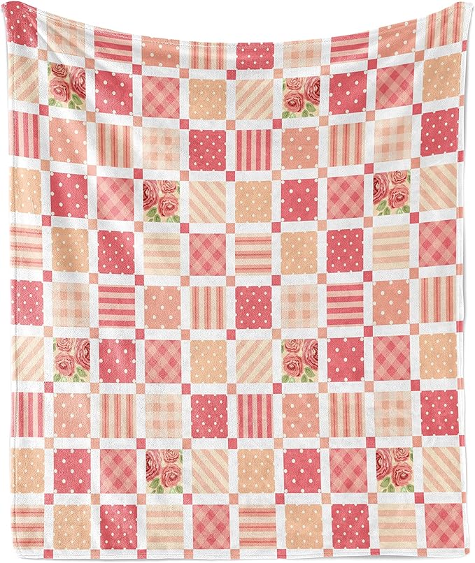 Lunarable Dusty Rose Throw Blanket, Patchwork Inspired with Different Patterned Squares Shabby Form Style, Flannel Fleece Accent Piece Soft Couch Cover for Adults, 60" x 80", Salmon Dark Coral