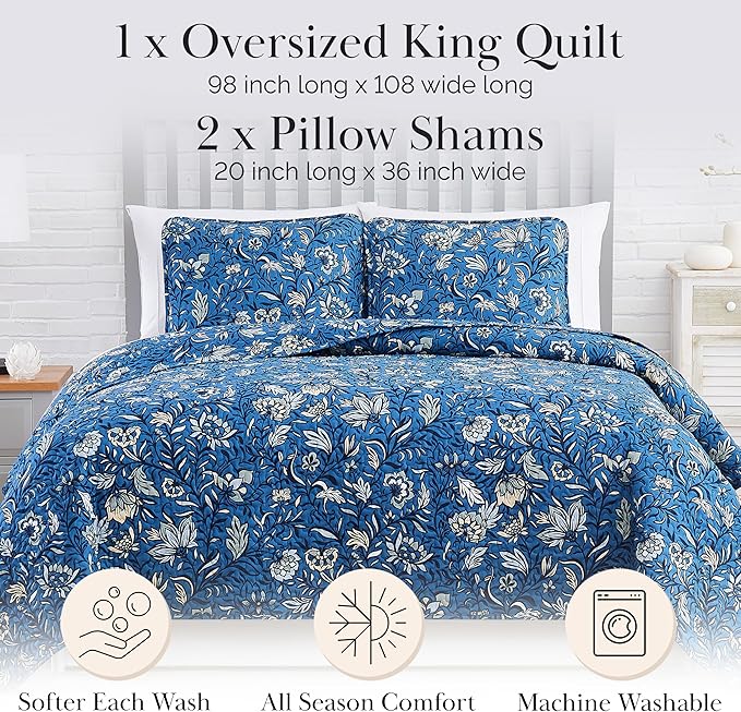 Southshore Fine Living, Inc. Oversize Quilts for King Size Bed, 3-Piece Lightweight Bedding Set with Floral Coverlet and 2 Matching Quilted Pillow Shams, All Season California King Bed Spread, Blue
