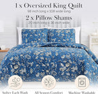 Southshore Fine Living, Inc. Oversize Quilts for King Size Bed, 3-Piece Lightweight Bedding Set with Floral Coverlet and 2 Matching Quilted Pillow Shams, All Season California King Bed Spread, Blue