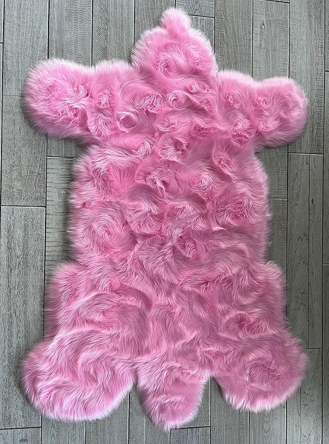 LAMBZY Bear Skin Rug Super Soft Fluffy Faux Fur for Bedroom Floor Sofa Living Room High-Density Plush Shaggy Carpet Sofa Cover Bedside Sheepskin Rug (3'x5', Pink)