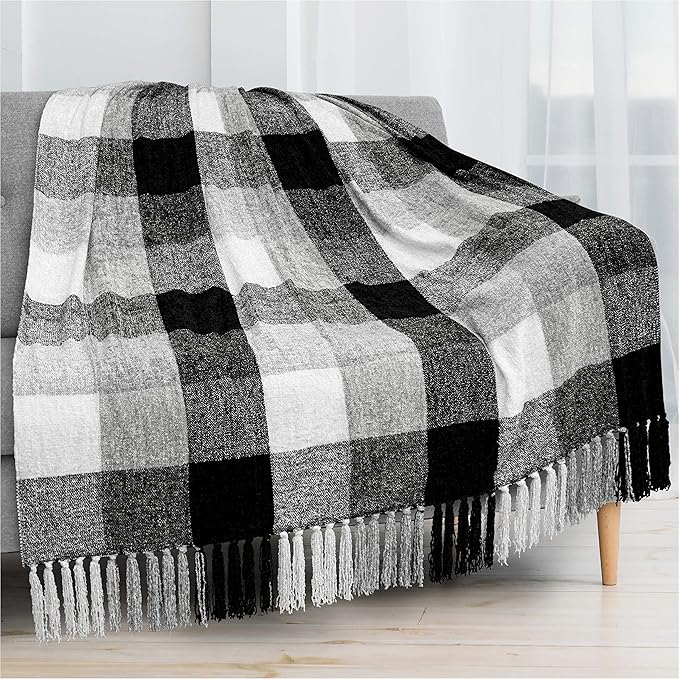 PAVILIA Plaid Blanket, Soft Throw Blanket for Couch Sofa, Knit Chenille Throw Blanket for Twin Size Bed, Living Room Decor Woven Knitted Decorative Blanket, White Black Gray Buffalo Check 60x80in