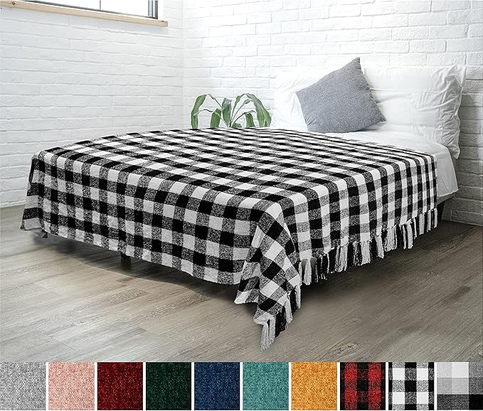 PAVILIA Plaid Chenille Blanket for Twin Size Bed, Soft Black and White Buffalo Plaid Checkered with Tassel Fringe, Woven Knitted Decorative Blanket for Sofa Couch Living Room Decor, Twin 60x80