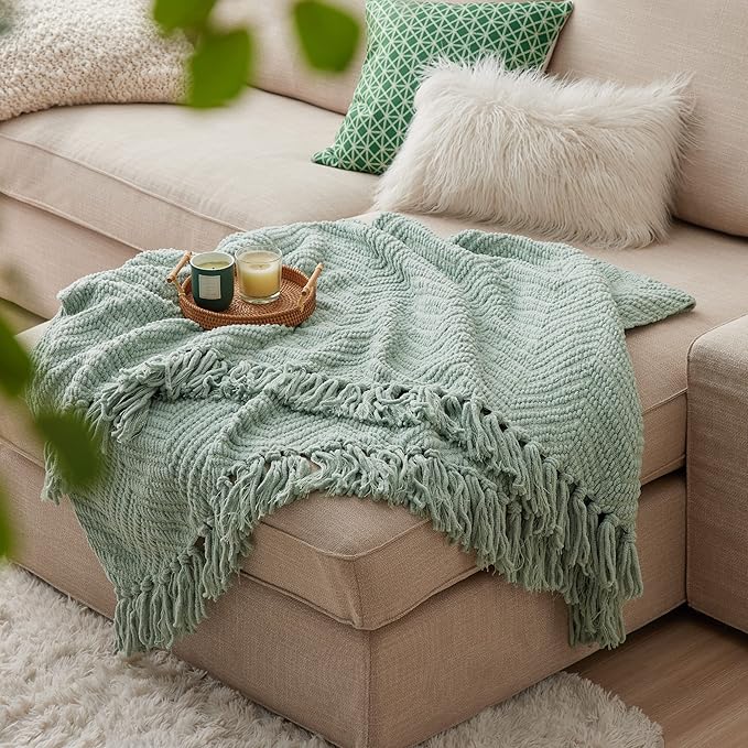 Bedsure Sage Green Throw Blanket for Couch - Versatile Knit Woven Chenille Spring Blanket for Chair, Super Soft, Warm & Decorative Throw with Tassels for Bed, Sofa and Living Room(Sage Green, Throw)