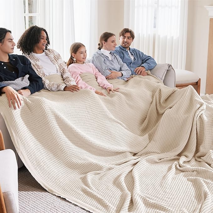 Bedsure Gentlesoft 100% Cotton Big Blanket Oversized King for Bed - Large Breathable Thick Waffle Weave Blanket for Summer, Couch Cover, Light Beige, 120x94 inches