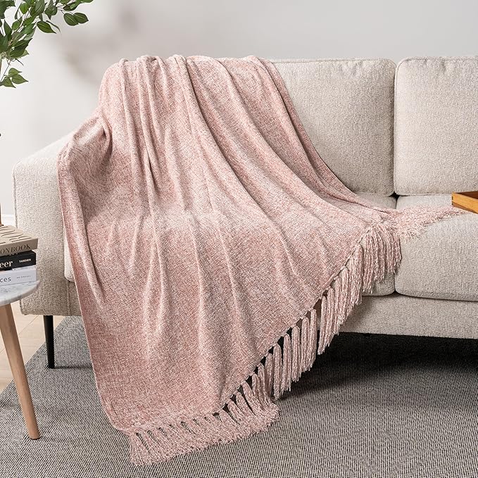 PAVILIA Pink Chenille Throw Blanket for Couch Sofa, Light Pink Soft Knit Throw with Tassel, Decorative Blanket for Bed Chair Living Room, Blush Pink 50x60