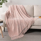 PAVILIA Pink Chenille Throw Blanket for Couch Sofa, Light Pink Soft Knit Throw with Tassel, Decorative Blanket for Bed Chair Living Room, Blush Pink 50x60