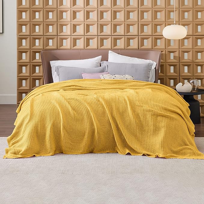 Bedsure Gentlesoft 100% Cotton Blanket King Size for Bed - Breathable and Soft for Spring Summer, Thick Cozy Waffle Weave Blanket Gifts for Women, Mustard Yellow, 104x90 inches