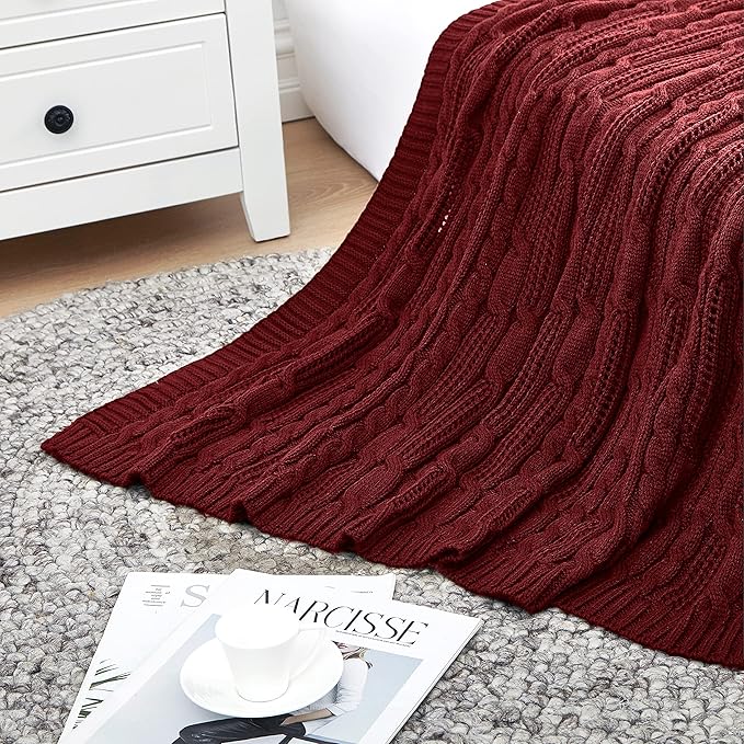 Aormenzy Cable Knit Throw Blankets 60 x 80 Inches, Soft Cozy and Lightweight Knitted Blanket, Machine Washable Acrylic Blanket, Decorative Throw Blanket for Couch Sofa Bed, Dark Red