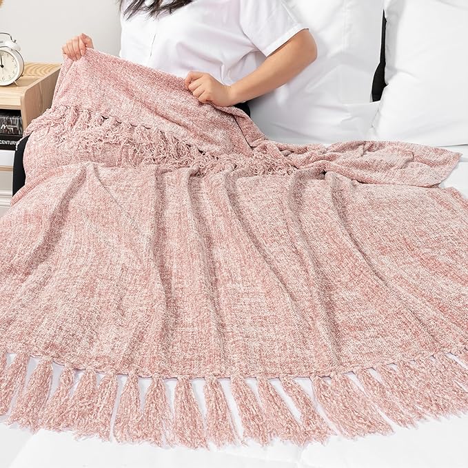 PAVILIA Pink Chenille Throw Blanket for Couch Sofa, Light Pink Soft Knit Throw with Tassel, Decorative Blanket for Bed Chair Living Room, Blush Pink 50x60