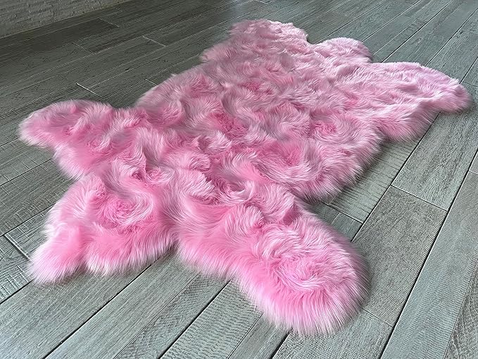 LAMBZY Bear Skin Rug Super Soft Fluffy Faux Fur for Bedroom Floor Sofa Living Room High-Density Plush Shaggy Carpet Sofa Cover Bedside Sheepskin Rug (3'x5', Pink)