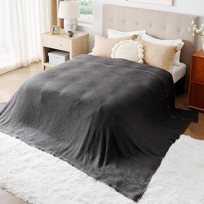 Bedsure Gentlesoft 100% Cotton Big Blanket Oversized King for Bed - Large Breathable Thick Cooling Waffle Weave Blanket for Summer, Couch Cover, Dark Grey, 120x94 inches