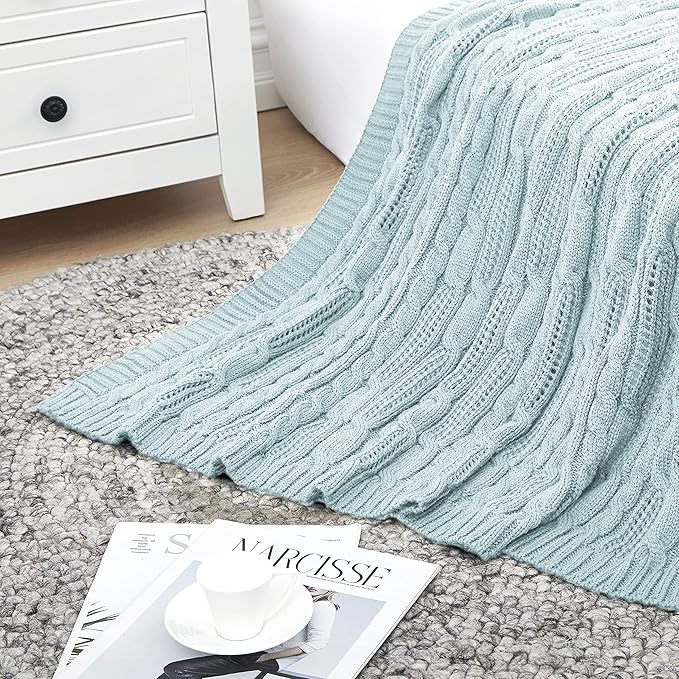 Aormenzy Cable Knit Throw Blankets 50 x 60 Inches, Soft Cozy and Lightweight Knitted Blanket, Machine Washable Acrylic Blanket, Decorative Throw Blanket for Couch Sofa Bed, Aqua Blue