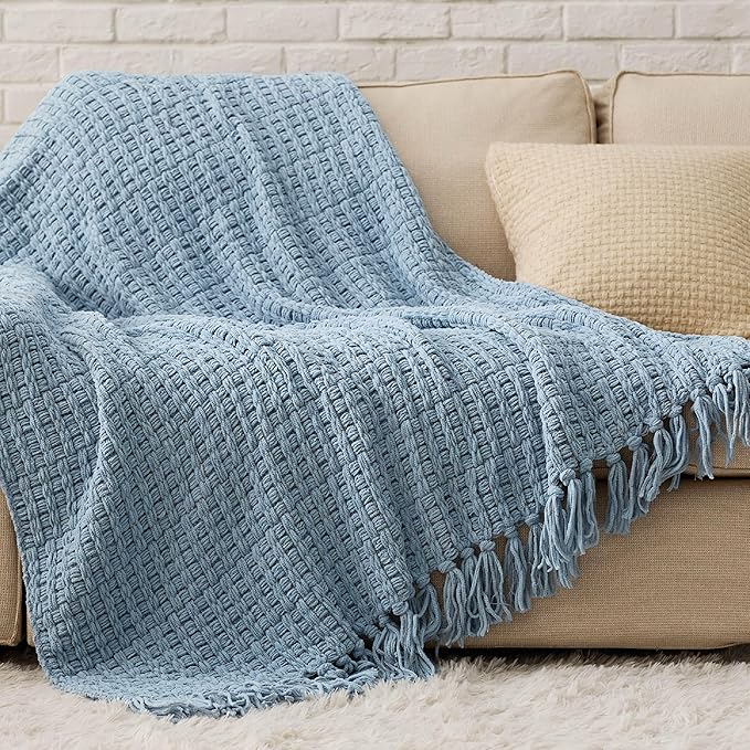 Bedsure Blue Throw Blankets for Couch - Textured Chunky Knit Woven Chenille Blanket - Super Soft, Warm Decorative Boho Throw with Tassels for Bed, Sofa and Living Room Decor, 50x60 Inches