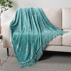 Pavilia Teal Green Throw Blanket for Couch, Twin Size Bed, Chenille, Soft Knit Woven Turquoise with Tassel, Decorative Textured for Living Room, 60x80
