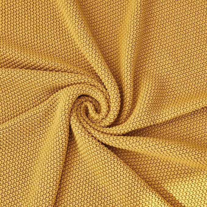Longhui bedding Mustard Yellow Cotton Cable Knit Throw Blanket for Couch Sofa Bed, Home Decorative Lightweight Knitted Blankets with Bonus Laundering Bag, 60“ x 80”, Machine Washable