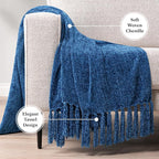 PAVILIA Blue Chenille Throw Blanket for Couch Sofa, Soft Knit Throw with Tassel, Decorative Blanket for Bed Chair Living Room, Blue 50x60
