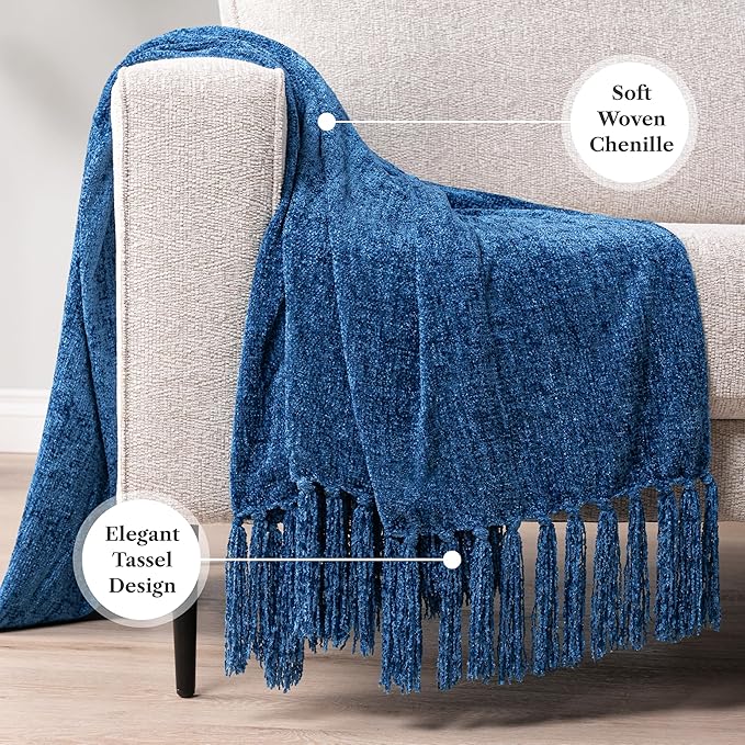 PAVILIA Blue Chenille Throw Blanket for Couch Sofa, Soft Knit Throw with Tassel, Decorative Blanket for Bed Chair Living Room, Blue 50x60