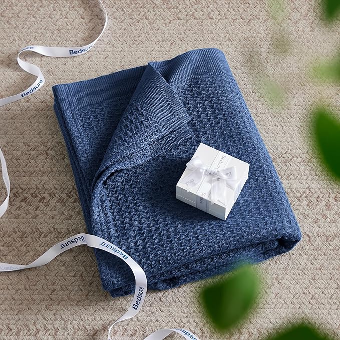 Bedsure Gentlesoft 100% Cotton Blanket Twin XL Size for College Dorm - Cooling Breathable and Soft for Spring Summer, Waffle Weave Twin Blanket for Bed, Dorm Room Essentials, Navy, 66x90 inches