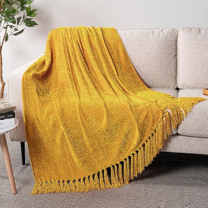 Pavilia Mustard Yellow Chenille Blanket for Twin Size Bed, Soft Gold Knit with Tassel Fringe, Woven Chenille Decorative Blanket for Sofa Couch Living Room Decor Gift, Twin 60x80