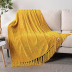 Pavilia Mustard Yellow Throw Blanket for Couch & Sofa Bed, Soft Knit Woven Gold Blanket with Tassel, Decorative for Chair & Living Room, 50x60
