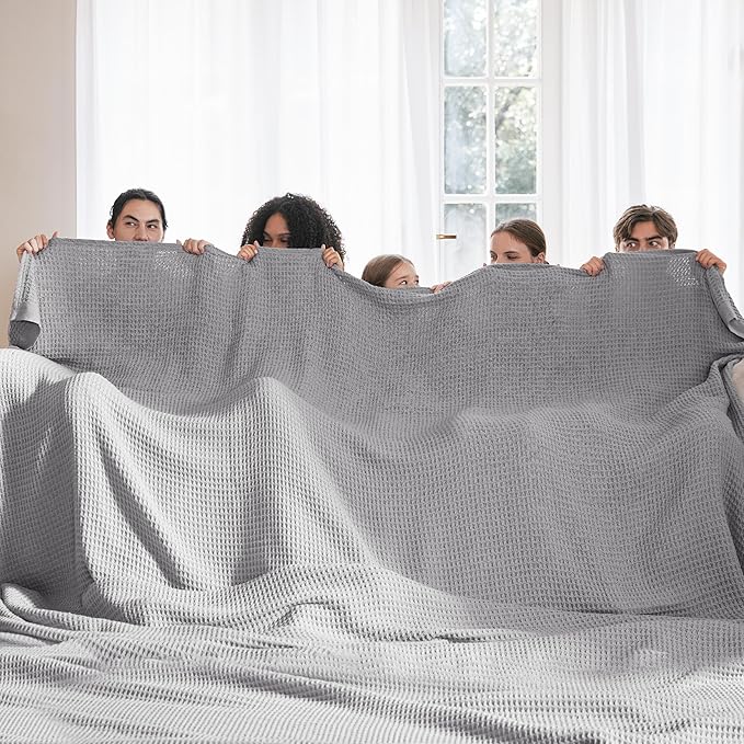 Bedsure Gentlesoft 100% Cotton Big Blanket Oversized King for Bed - Large Breathable Thick Cooling Waffle Weave Blanket for Summer, Couch Cover, Grey, 120x94 inches