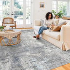 Washable Area Rug 9x12 Living Room – Neutral Modern Abstract Large Carpet for Bedroom Dining Room Office – Soft Non-Slip Low-Pile Thin Stain-Resistant Indoor Rugs （Blue Grey,9x12）