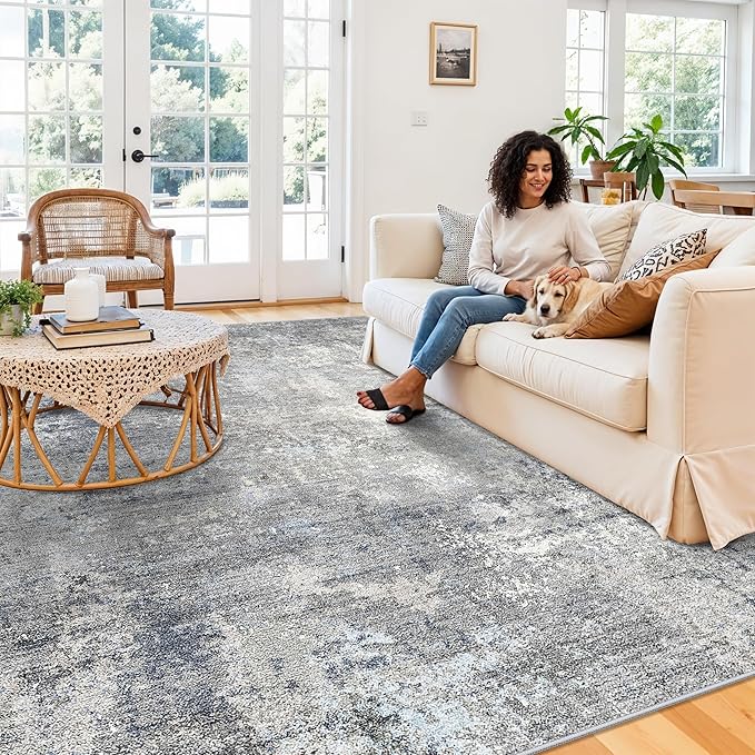 8x8 ft Square Living Room Rug – Washable Modern Neutral Abstract Area Rug for Bedroom, Dining Room, Kitchen – Non-Slip Soft Low-Pile Indoor Floor Carpet (Blue Grey,8x8)