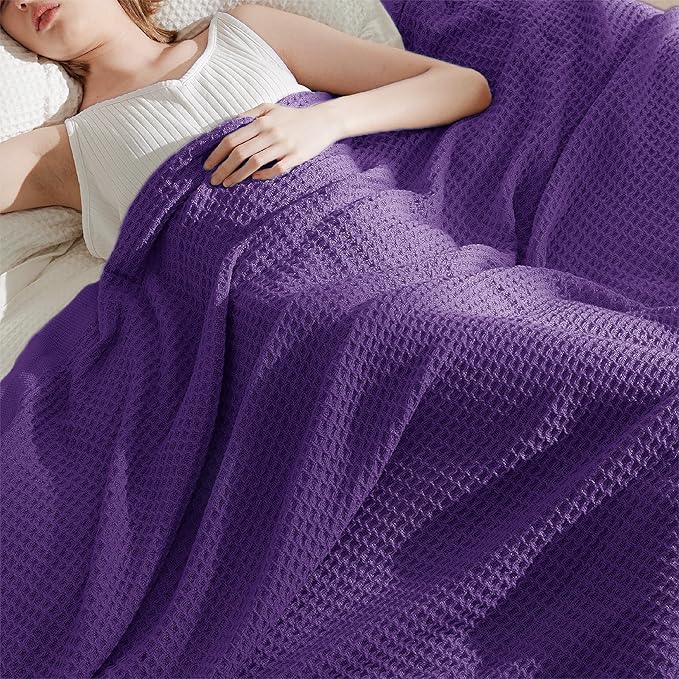 Bedsure Gentlesoft 100% Cotton Blanket Twin XL Size for College Dorm - Breathable and Soft for Spring Summer, Waffle Weave Twin Blanket for Bed, Dorm Room Essentials, Purple, 66x90 inches