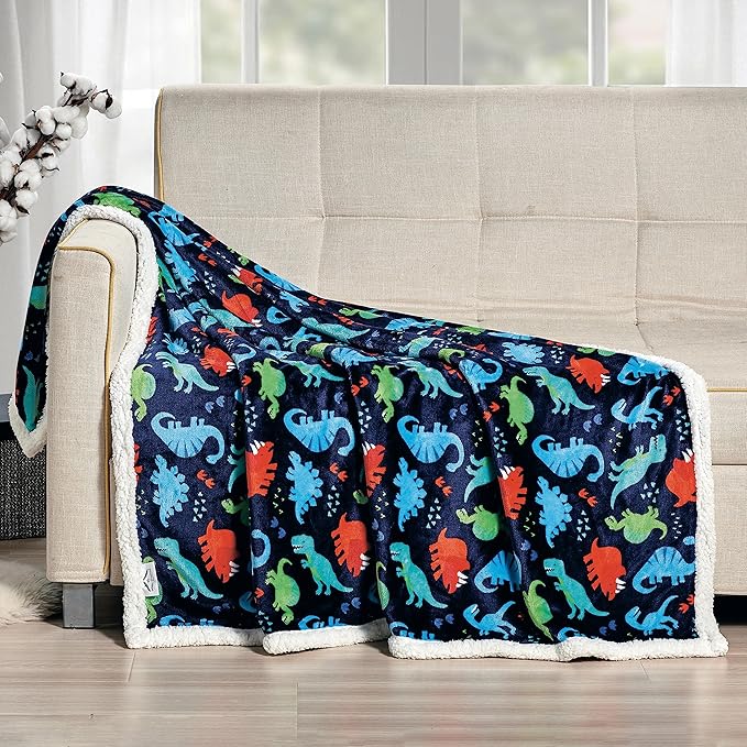 Elegant Comfort Throw Blanket, Reversible Sherpa Flannel, Ultra-Soft, Fuzzy, Cozy and Plush- All Season Lightweight Decorative Throw, 50 x 60 inches, Navy Dino Sherpa Throw