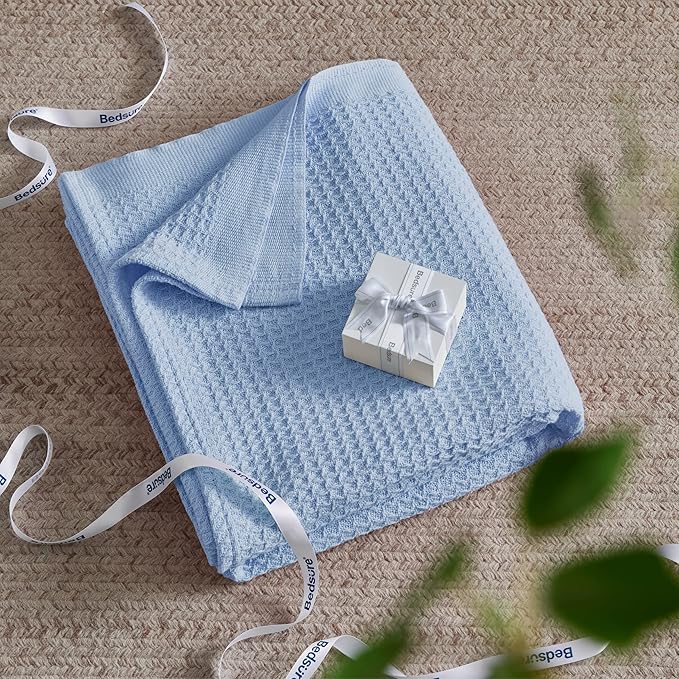 Bedsure Gentlesoft 100% Cotton Blanket King Size for Bed - Cooling Breathable and Soft for Spring Summer, Thick Cozy Waffle Weave Blanket Gifts for Women, Sky Blue, 104x90 inches
