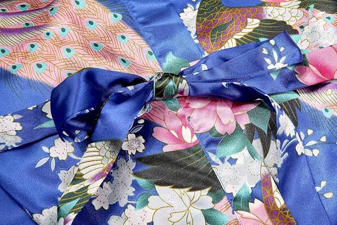 Valennia Women Long Silky Bathrobe Satin Kimono Robe Floral Printed Dressing Gown Sleepwear