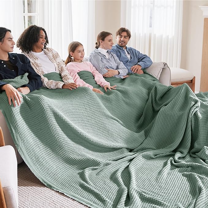 Bedsure Gentlesoft 100% Cotton Big Blanket Oversized King for Bed - Large Breathable Thick Cooling Waffle Weave Blanket for Summer, Couch Cover, Sage Green, 120x94 inches