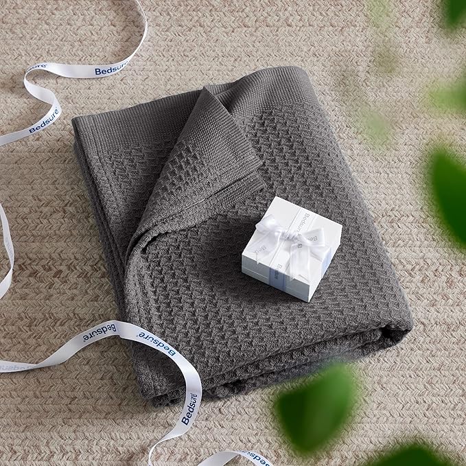 Bedsure Gentlesoft 100% Cotton Blanket Queen Size for Bed - Cooling Breathable and Soft for Spring Summer, Thick Cozy Waffle Weave Blanket Gifts for Women, Dark Grey, 90x90 Inches