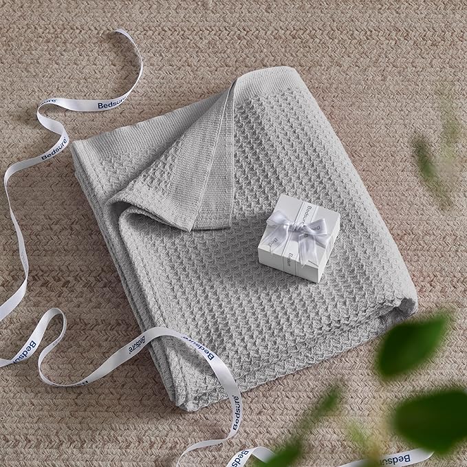 Bedsure Gentlesoft 100% Cotton Blanket Queen Size for Bed - Cooling Breathable and Soft for Spring Summer, Thick Cozy Waffle Weave Blanket Gifts for Women, Grey, 90x90 Inches